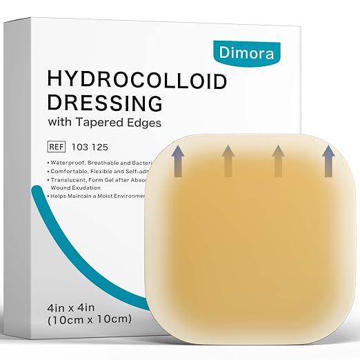 Dimora 4" x 4" Hydrocolloid Dressing Tapered Edges for Wound Care, 10 Pcs Large Hydrocolloid Bandages for Burn, Blister, First Aid Kit Essential Wound Dressing