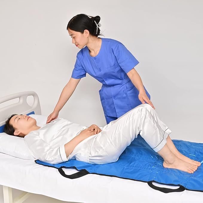 Positioning Bed Pad with Handles 48" X 40"Elderly Lifting Devices Transfer Board Slide Sheet Patient Transfer Board Draw Sheets Sling Transfer Belt with Handles Waterproof Reusable Washable Blue