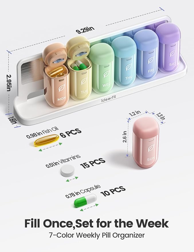 Weekly Magnetic Pill Organizer, Moisture-Proof Pill Box 7 Day 1 Time a Day with Desiccant, Removable Large Travel Pill Case, Medication Container for Vitamins and Supplements, Rainbow