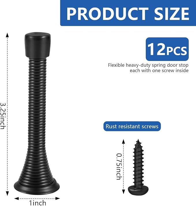 KISEER 12 Pack Spring Door Stops 3 1/4 Inch Flexible Heavy Duty Spring Door Stopper with RustProof Screw Rubber Bumper Tips (Black)