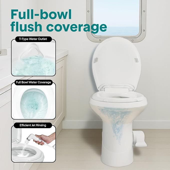 SereneLife RV Toilet - Small Camp Toilet with Foot Pedal and a Hand Sprayer, Leak-Proof, Odorless, Soft-Close Lid, Compact Water-Saving Design, Quick Installation, Perfect for RVs, Trailers, and Boats
