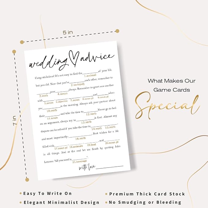 Bridal Shower Game Cards – Wedding Advice for The Bride and Groom, Fun Engagement Party Icebreaker for Guests, 25 Pack Minimalist White Wedding Party Supplies - A06