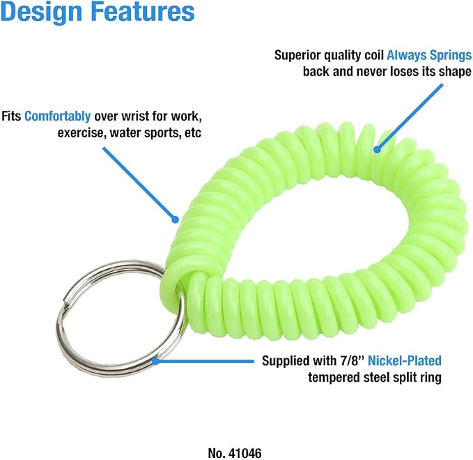 Lucky Line 2” Spiral Wrist Coil with Steel Key Ring, Flexible Wrist Band Key Chain Bracelet, Stretches to 12”, Neon Green, 10 PK (41046)