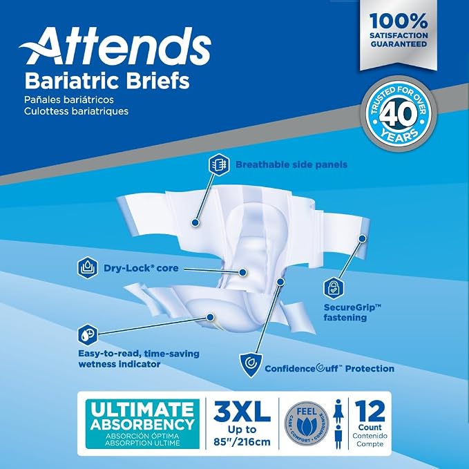 Attends Bariatric Incontinence Disposable Briefs, 3X-Large, Up to 85" Waist with Tab Closures, Ultimate Absorbency, Dry-Lock Containment Core and ConfidenceCuff Leakage Protection, 3XL 12ct Bag