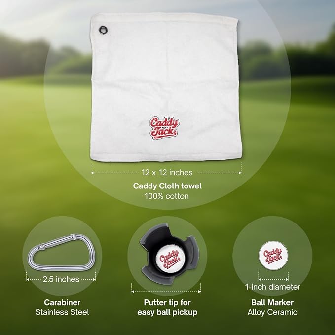 Golf Club Stand Silver/Grey Grip & Accessories | Designed to Minimize Bending on the Course | Multi-Club Holder, Ball Pick-Up Cap, Towel, Carabiner & Marker | Made in USA