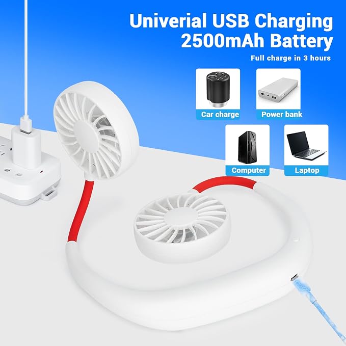 JUANANIUG Portable Neck Fan Rechargeable Personal HandFree Fan Mini USB Wearable Neckband Sport Fan 3 Speed Adjustable 360 Degrees Rotation Perfect for Working Traveling Office Reading (White)