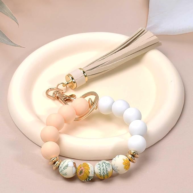 BAOSIWA Silicone Beaded Bracelet Keychain Wristlet Key Ring Bangle Chains for Women with Leather Tassel
