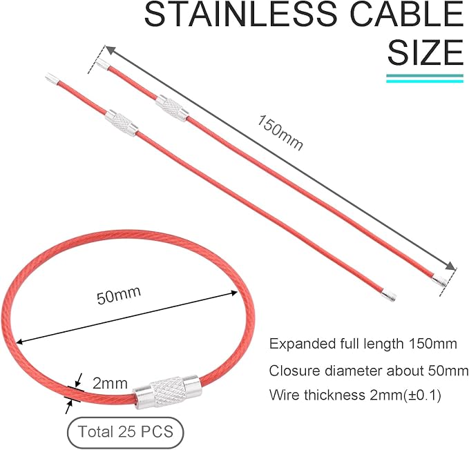 CooBigo 25 Pack Stainless Steel Loops 2mm Coated Wire Keychain Cable Large Key Rings 6 inch Key Chain for Women, Luggage Tags, Key Tags, Keyrings, Kitchen Utensils, Duster - Red