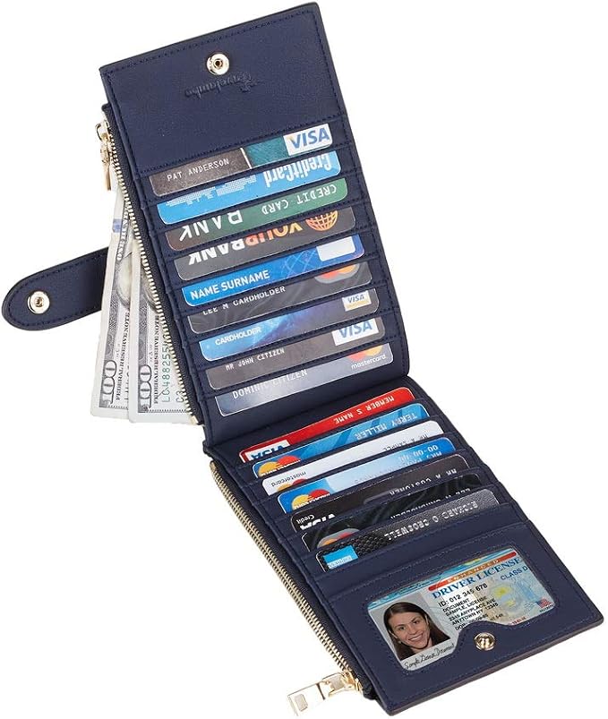 Travelambo Womens Leather Bifold Wallet, Slim RFID Blocking Card Holder | Large Capacity, 16 Card Slots & ID Window, 2 Zipper Pockets, Dual Snap Closure, Slim Lightweight, RFID Privacy Protection