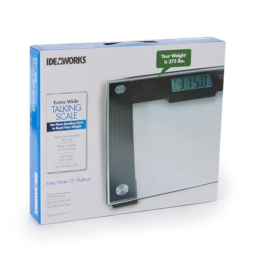 Ideaworks JB5824 Extra Wide Talking Scale-Visual & Voice Display Scale- 550 Pounds Max-Tamper Glass-Extra Wide Width-Large LCD Display-Tap On & Off Auto Function | Floor Scale,Black / Glass