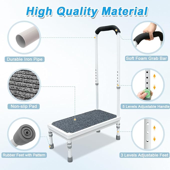 Medical Step Stool with Handle for Elderly Seniors SUV Car Steps 400lb Stepping Stool Adults Ramps with Handrails Height Adjustable Rv Steps Wide Platform Safety Handicap Mobility Assist Devices