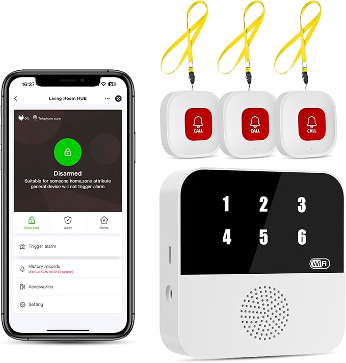 PILSAMAS WiFi Caregiver Pager Wireless Call Button, 1 Hub + 3 Panic Buttons | No monthly fee app alert, Caller ID display, IP65 waterproof, Emergency alert button for elderly at home & nursing care