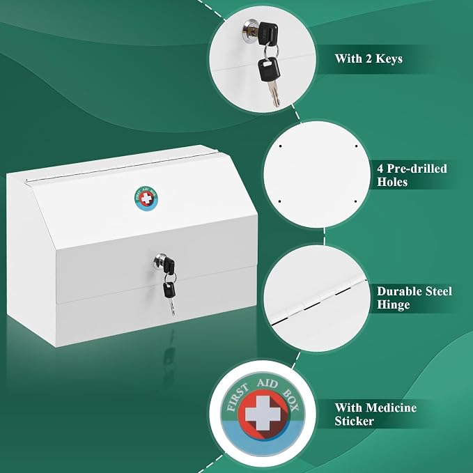 KYODOLED Medicine Lock Box with Keys, Wall Mount Steel Cabinet, White | Medium size 12.2 x 5.9 x 7.87 in, steel build, locking access, child-safe storage for home, school & emergency use