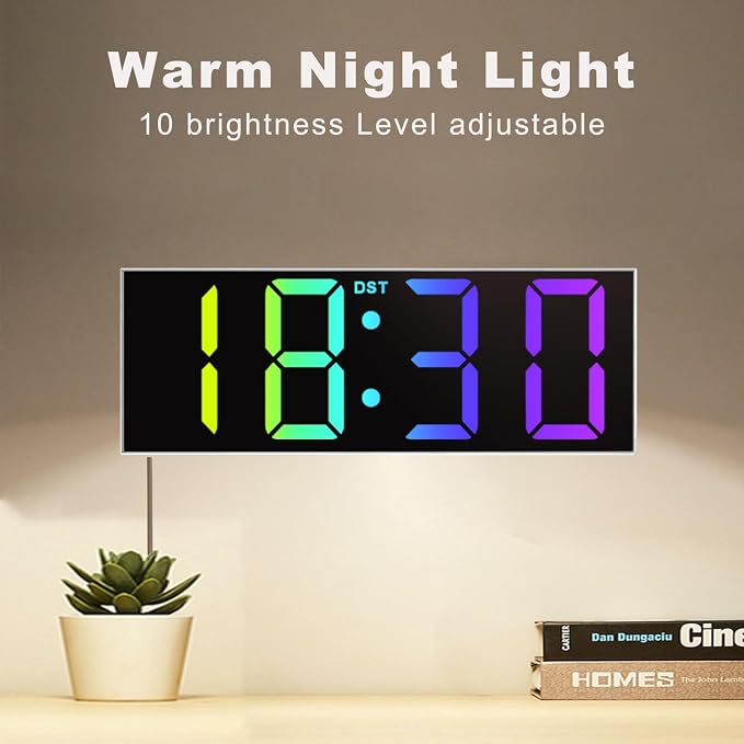 JALL 12" Large Digital Wall Clock, Big LED Number Dispaly, RGB Colors, DST, Night Light for Classroom Living Room Bedroom Mounted Birthday Xmas Gift for Senior, Mem Womem (A White Shell, 12 inches)