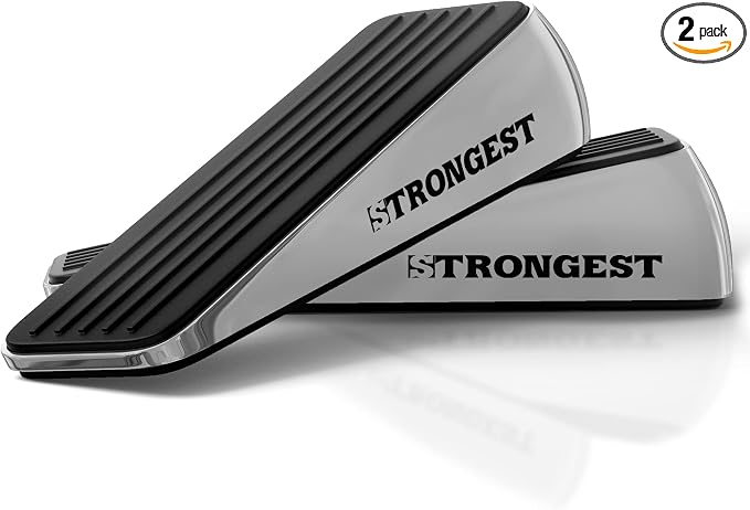 STRONGEST HOME Door Stoppers for Bottom of Door – Heavy Duty Metal Rubber Stopper, Non-Slip Door Stop for Heavy Doors, Works on Wood, Tile & Carpet Floors, Wedge Chrome 2 PCs + 2 White Wall Protectors