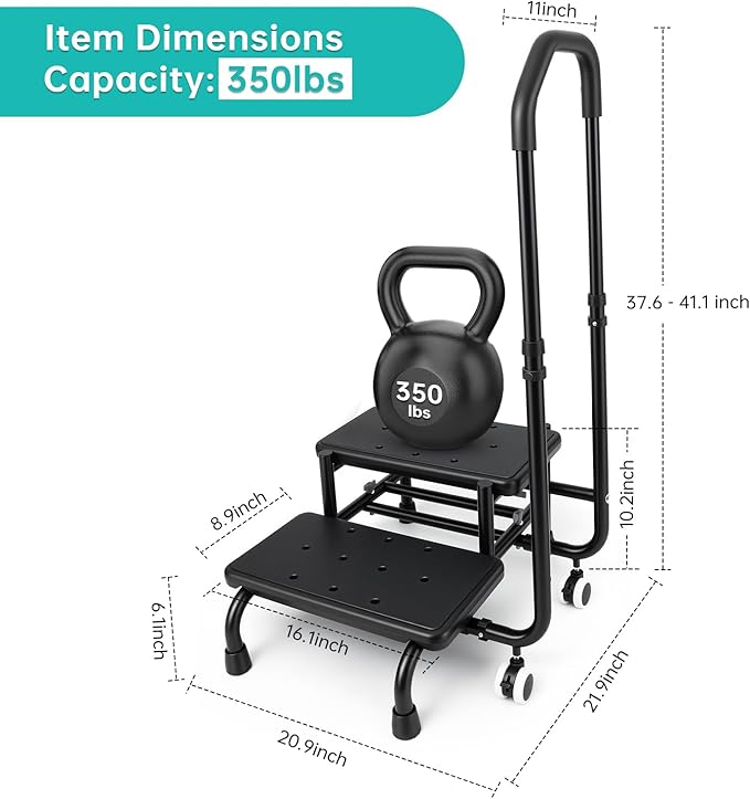 2 Step Stool with Handrail & 2 Casters for Elderly, Bed Steps for High Beds for Adults, Non Slip Platform and Adjustable Handrail, for Kitchen Bathroom RV Bathtub, Assist Rail for Elderly, Black