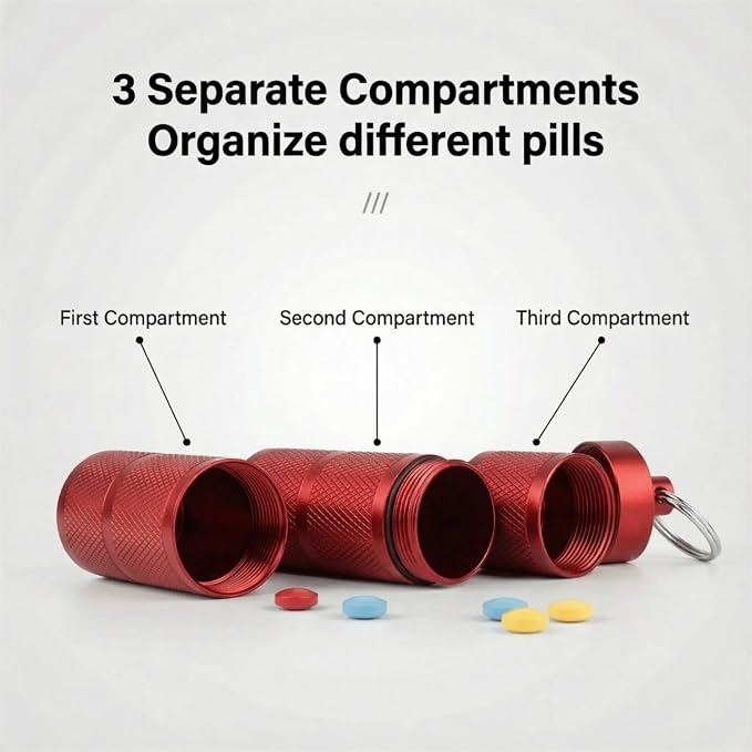 Waterproof Keychain Pill Holder - 3-Compartment, Wine Red | Anodized aluminum with a keyring. 3 detachable layers. Pocket-sized, rustproof EDC pill container