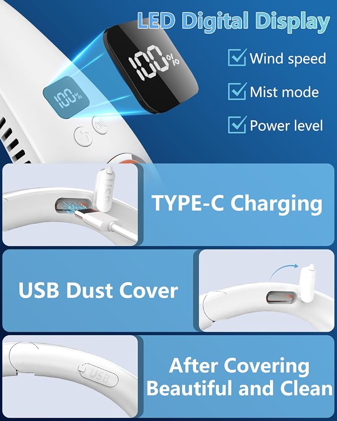 Neck Fans that Blow Cold Air,Misting Neck Fan Rechargeable Battery Powered,Foldable Leafless Hands Free USB Chargable Cooler,Slient Mini Head Unit Water Mister Sprays for Travel Camping Outdoor White