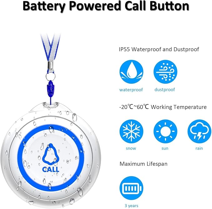 METAK Caregiver Pager Wireless Call Button for Elderly/Senior at Home, 1 Receiver + 2 Button, Medical Life Alert Necklace System, Emergency Bell Fall Monitor Devices for Patients, Disabled, Nurses