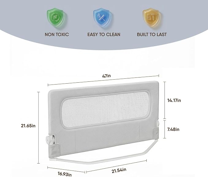 Bed Rail for Toddlers, 47 Inch Foldable Baby Guard | 47 in foldable toddler rail with reinforced anchors, no-gap mattress fit, double lock, washable fabric for King|Queen