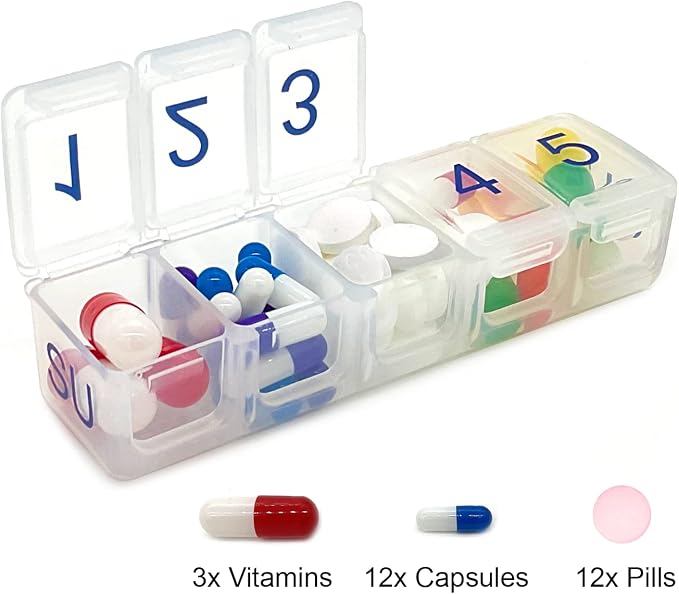 e-Pill 5 Times a Day x 7 Day Compact Weekly Pill Organizer, Vitamin and Medicine Pill Box - with Discreet Case