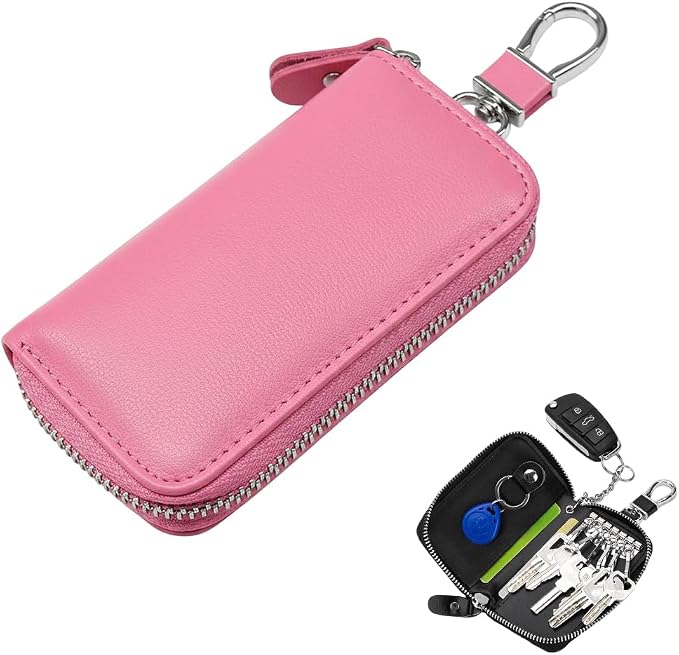Leather Car Key Holder Bag, Unisex Key Fob Case with 6 Hooks, Zipper Closure Keychian Case Wallet for Smart Keys (Pink)