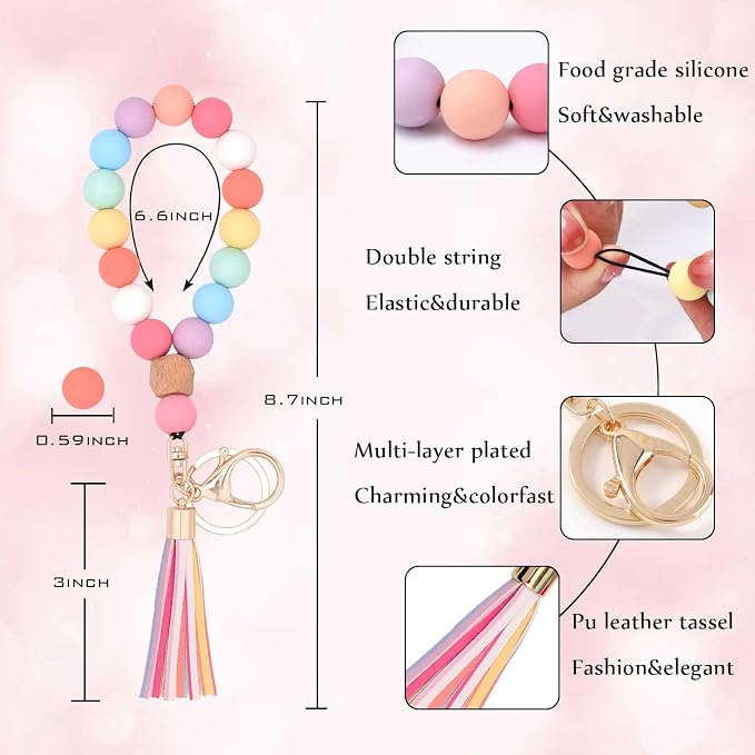 BAOSIWA Silicone Key Ring Bracelet Wristlet Keychain Unique Beaded Bangle Key Chains for Women with Leather Tassel