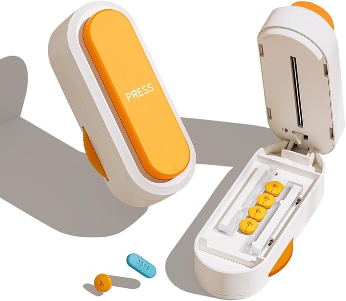 Pill Cutter Splitter for Small and Tiny Larger Pills. |ONE Button Easy Push Accurately Cuts Multiple Pills at Once. Sharp Blade with Safety Guard. Non-Slip Silicone Edge (Orange)