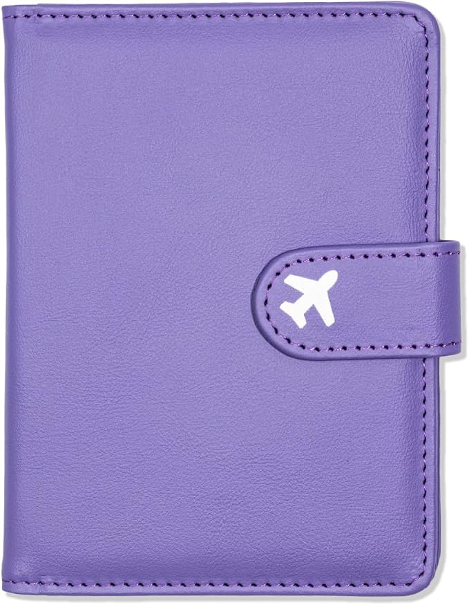 Passport Holder, Cute Travel Wallet Cover with RFID Blocking,Purple | PU leather travel wallet with magnetic closure, card slots, pen loop, and easy access for passports and essentials.