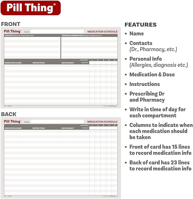 5 Times a Day Weekly Pill Box Organizer Case, Secure 7 Day Pillbox with Medication Schedule (5 Time-a-Day)