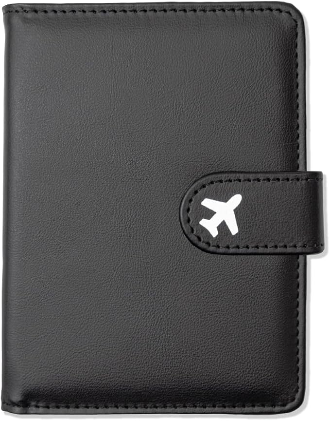 Passport Holder, Cute Travel Wallet Cover with RFID Blocking,Black | PU leather travel wallet with magnetic closure, card slots, pen loop, and easy access for passports and essentials.