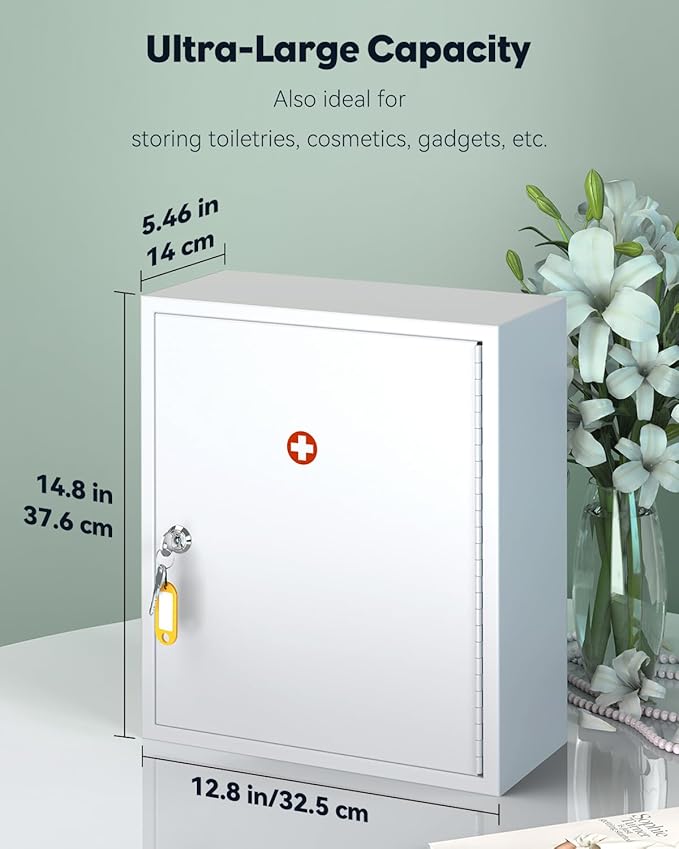 Uniclife Wall Mount Medicine Cabinet with Key Lock Locking First Aid Cabinet Lockable Medical Cabinet Large Capacity Medicine Organizer Secure Steel Wall Cabinet Metal Storage Box, White