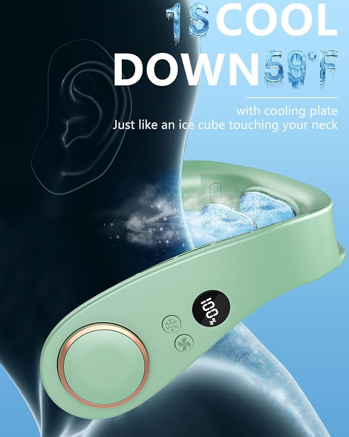Personal Neck Air Conditioner with Cooling Plates, 5500mAh Long Battery Life, Silent Wearable Cooling Neck Fan, Bladeless lightweight Headphone Fans for Hot Flash Women Adult Outdoors, Light Green
