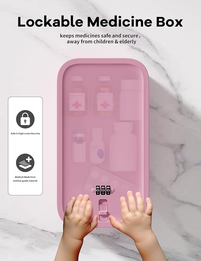 Small Lock Box for Medication Safe, Lockbox for Phone Jail, Medicine Lockable Storage Box with Code for Pills/First Aid Kits, Locked Food/Snack Box Container for Home/Fridge/Office (Pink)