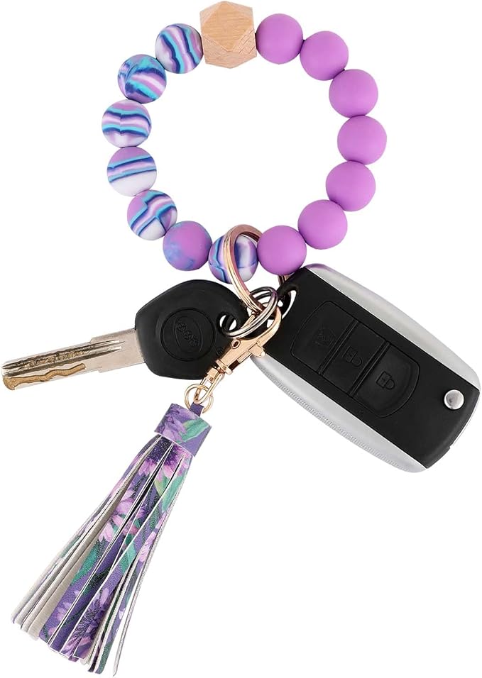 BAOSIWA Silicone Beaded Bracelet Keychain Wristlet Key Ring Bangle Chains for Women with Leather Tassel