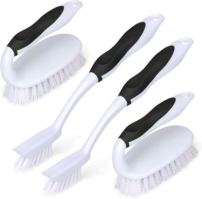 Scrub Brush Set, 4 Pack Deep Cleaning Brush Kit, Black | 2 Scrub Brush, 2 Tile & Grout Brush with Built-in Scraper, Household Commercial Scrubber for Floor, Shower, Pool Wall, Tub