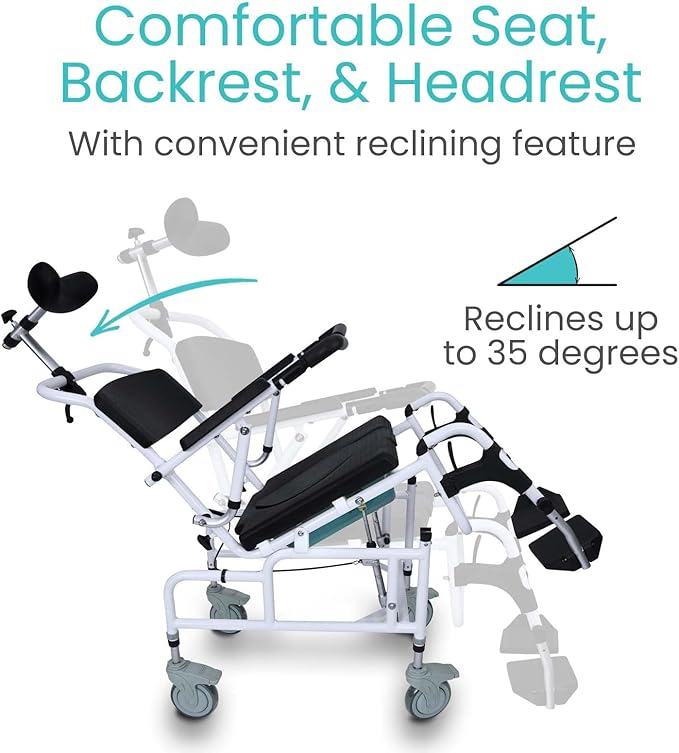 Vive Reclining Shower Chair with Wheels - Commode Wheelchair for Seniors, Disabled, Bariatric & Handicap - Padded Transfer Rolling Chairs with Arms - Portable & Waterproof - Extra Wide Seat