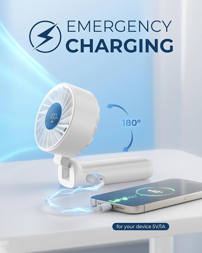 Peiyuu Handheld Portable Fan, 4000mAh USB Rechargeable Personal Fan, 180° Foldable Mini Desk Fan with 6 Wind Speed, LCD Digital Display, Lanyard as Neck Fan, Ultra Quiet