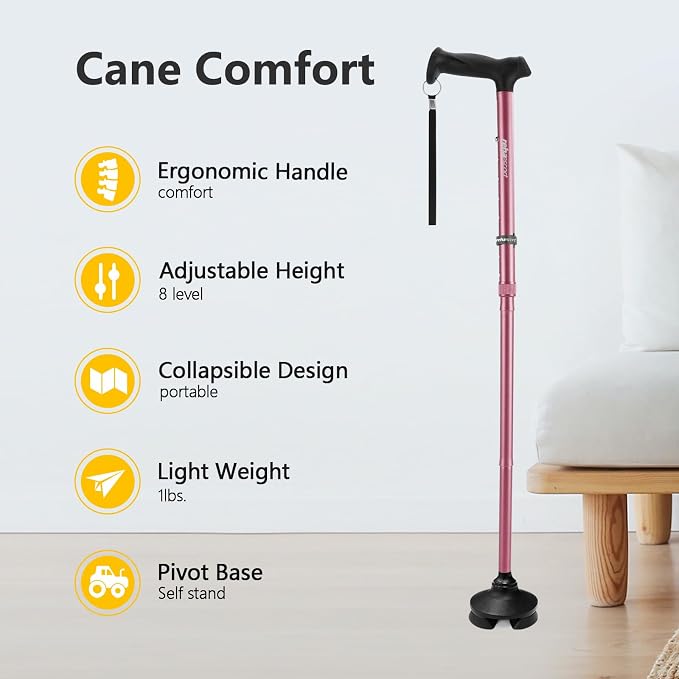 Rehaescort Walking Cane for Men & Women - Folding, Adjustable, Lightweight, Walking Canes for Seniors Balance, Free Standing, Pivot Tip, Soft Handle, Foldable Walking Sticks with Travel Bag