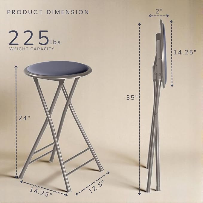 Lavish Home Folding Stool with Padded Backless Seat, Gray, 24 Inch | Counter Height Bar Stools with 225lb Capacity, Portable Indoor & Outdoor, Extra Seat for Kitchen, Rec Room or Camping