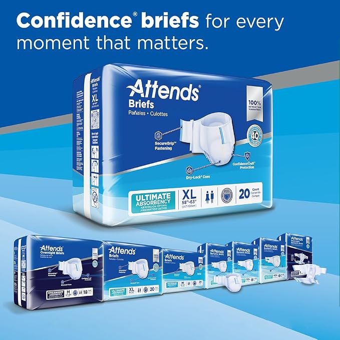 Attends Confidence® Adult Unisex Disposable SmartCool® Briefs, X-Large, 58"-63" Waist, SecureGrip Tab Closure, Ultimate Absorbency, Breathable Materials, 60ct Case