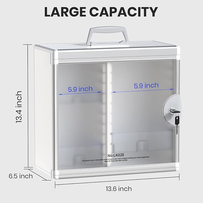 Lockable Medicine Cabinet with Key - Aluminum Wall Mount Medication Lock Box with 3 Removable Trays & Handle, Secure Locking Medicine Storage Organizer for Home, School & Office (Silver)