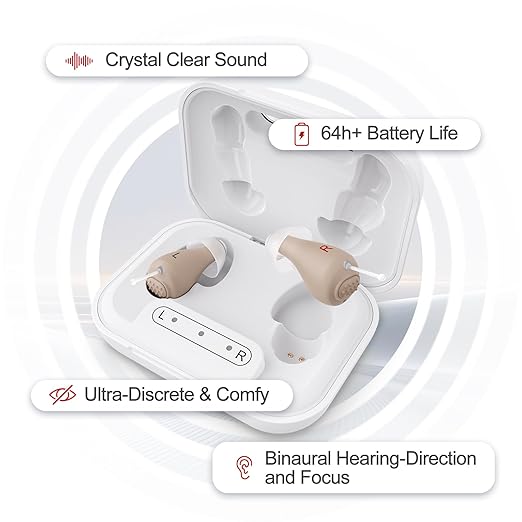 Hlisoundy Hearing Aids for Seniors - Rechargeable with 48+ Hour Battery & Charging Case. Enjoy Clear Sound with 2 Earbud Types (Comfort Fit & Feedback-Free). Auto On/Off for Ease
