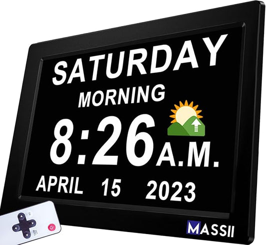 Upgraded 11.5" Large Clock with Voice Talking Date and Time, 27 Alarms Custom Reminders, Sleep Trainer, Large Number, Auto DST, 10 Levels Night Dimmer, Digital Calendar Clock for Elderly, with Remote