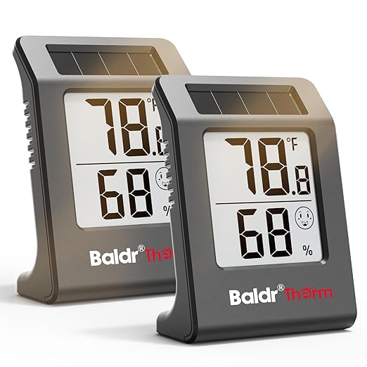 2.2'' Digital Thermometer and Hygrometer Meter, Solar-Powered Indoor Temperature Sensor Humidity Monitor, Humidity Gauge for Baby Rooms, Bedrooms, Home, Office, and Wine Cellars, Black, 2Pack