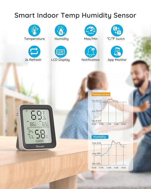 Govee Indoor Hygrometer Thermometer 2Pack H5075 with Bluetooth App Control | Room Temperature Humidity Meter, 164ft Remote Monitor, Smart Alerts, 2 Years Data Storage Export, for Bedroom Wine Cellar