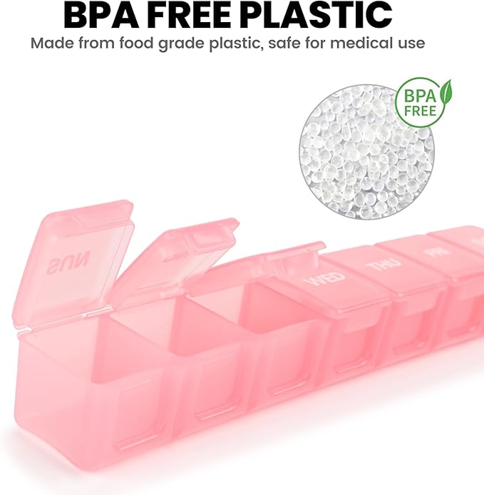 Sukuos Extra Large Daily Pill Organizer 7 Day, Easy to Open Weekly Pill Box Case, Portable Medicine Case Vitamin Holder with Clear Lid for Fish Oils or Supplements (Light Pink)