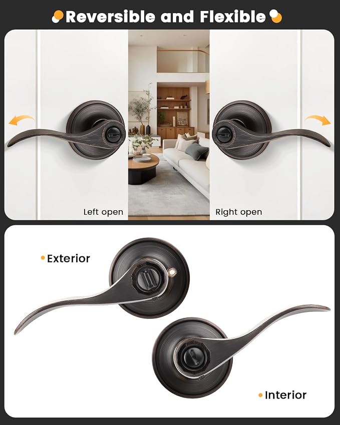 Gobrico 4 Pack Privacy Door Levers Keyless Interior Door Locksets Handlesets,Reversible Handles for Right/Left-Handed Doors,Drop Lever Style with Classic Round Rosette,Antique Oil Rubbed Bronze