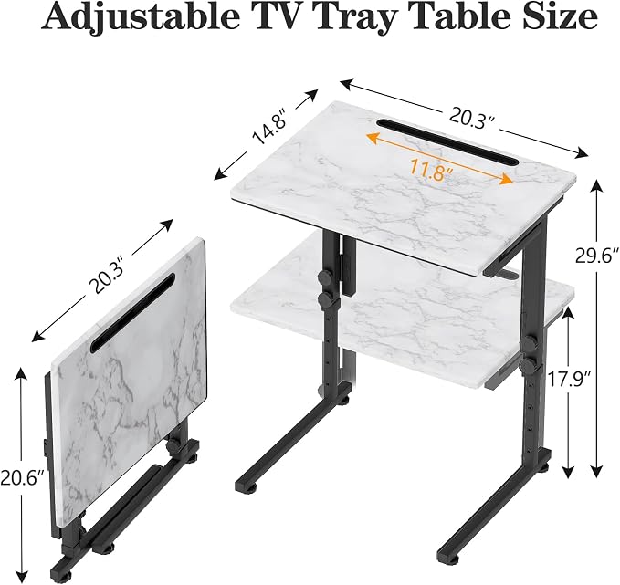 Adjustable Height Tv Tray Table,Portable Folding Tv Dinner Snack Table,Small Foldable C-Shaped End Table for Eating,Slide Under Couch Side with Sturdy MDF Top,No Assembly(White Marble+Black)
