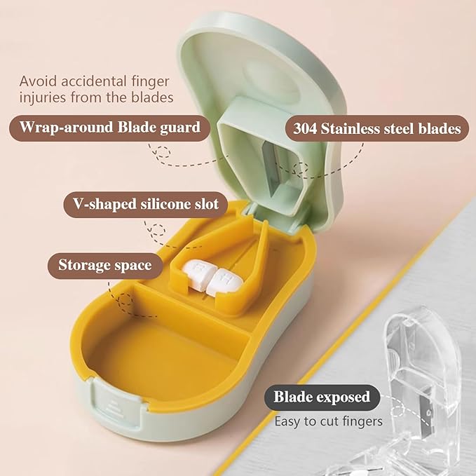 Pill Cutter Splitter for Small and Tiny Pills - Pill Cutter 1/4 - Accurately Cuts Multiple Pills - Easy Open Snap Button. Detachable V-Shaped Pad. Wrap-Around Blade Guard. Back Storage (Beige)